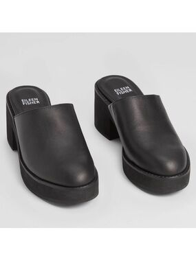 Eileen Fisher Black Leather Mules Slip-On Chunky Platform Shoes 6.5